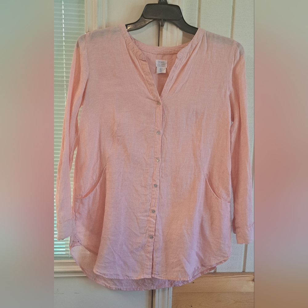 Sigrid Olsen Linen Peach Long Roll Tab Sleeve Button Front Blouse Top Boho Small